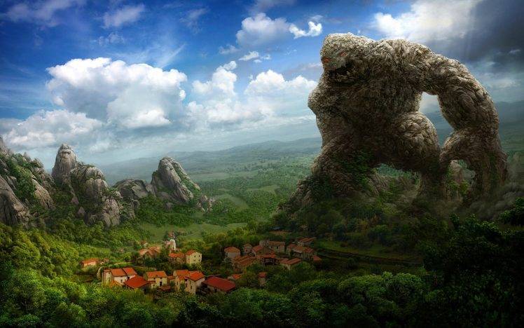 fantasy Art, Artwork, Drawing, Rock, Creature, Town, House, Nature, Trees, Clouds, Red Eyes HD Wallpaper Desktop Background