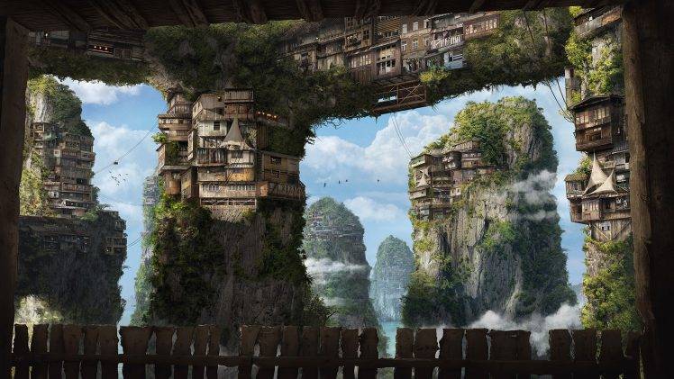 fantasy Art, Apartments, House, Cliff, Villages, Sky, Clouds HD Wallpaper Desktop Background