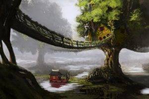 fantasy Art, Artwork, Digital Art, Nature, Trees, Bridge, House, Water, Boat
