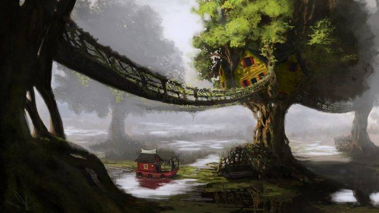 fantasy Art, Artwork, Digital Art, Nature, Trees, Bridge, House, Water, Boat HD Wallpaper Desktop Background