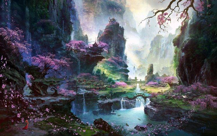fantasy Art, Asian Architecture, Cherry Blossom HD Wallpaper Desktop Background