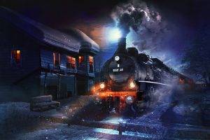 fantasy Art, Artwork, Digital Art, Steam Locomotive, Train, House, Winter, Snow, Night, Lights, Trees, Moonlight, Bench