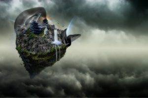 fantasy Art, Artwork, Digital Art, Floating Island, Clouds, Nature, Chinese Architecture, Rock, Roots, Trees, Waterfall, Rainbows, Birds