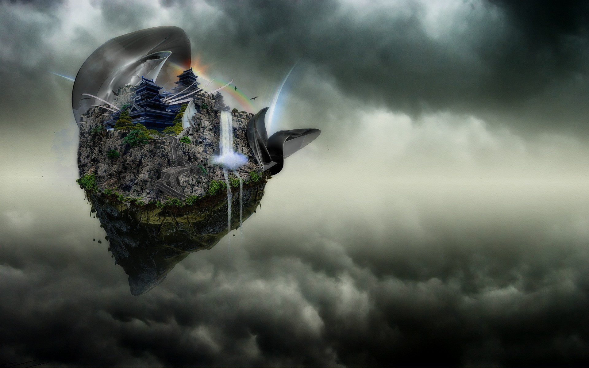fantasy Art, Artwork, Digital Art, Floating Island, Clouds, Nature, Chinese Architecture, Rock, Roots, Trees, Waterfall, Rainbows, Birds Wallpaper