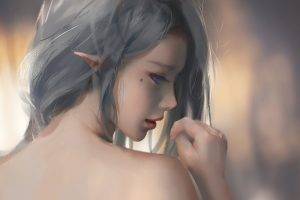 elves, Elven Ears, Bare Shoulders, Blue Eyes, Grey Hair, WLOP, Fantasy Art, Painting