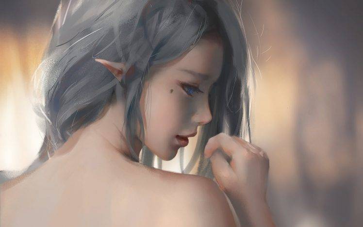 elves, Elven Ears, Bare Shoulders, Blue Eyes, Grey Hair, WLOP, Fantasy Art, Painting HD Wallpaper Desktop Background