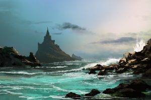 fantasy Art, Digital Art, Rock, Sea, Waves, Castle, Clouds, Drawing