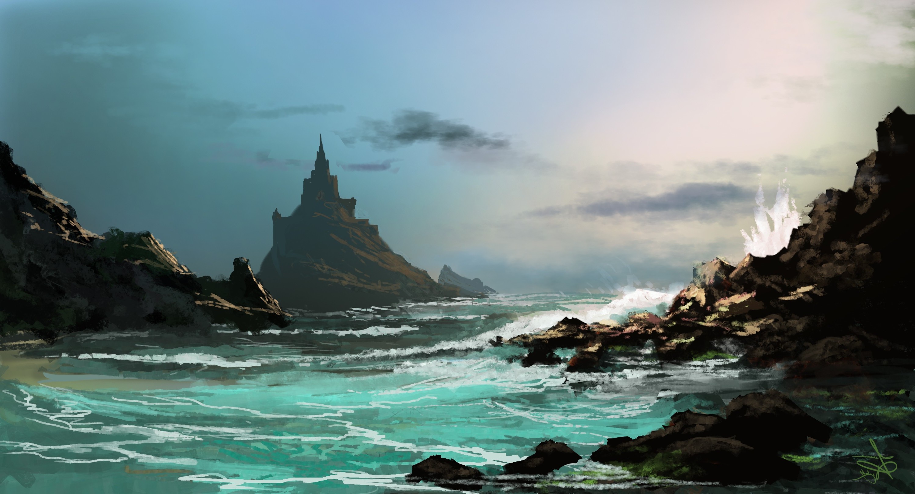 fantasy Art, Digital Art, Rock, Sea, Waves, Castle, Clouds, Drawing Wallpaper