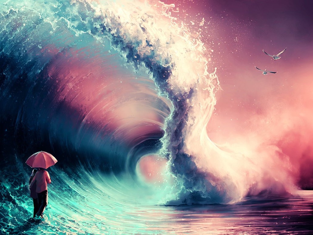 drawing, Sea, Blue, Pink, Fantasy Art, Waves, Artwork, Seagulls, AquaSixio, Umbrella Wallpaper