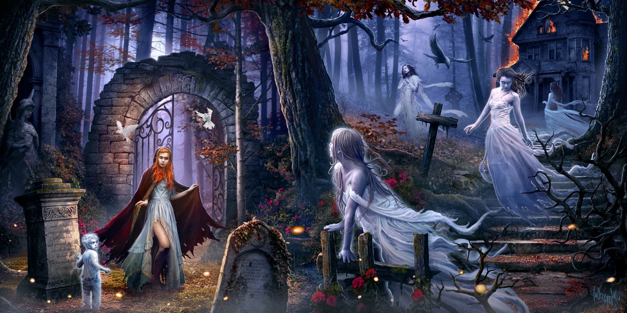 fantasy Art, Digital Art, Dark, Ghosts, Women, Cemetery, Trees, Grave