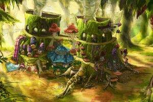 fantasy Art, Digital Art, House, Mushroom, Tree Stump, Trees, Smoke, Pipes, Leaves, Forest, Moss, Plants