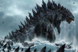 fantasy Art, Digital Art, Creature, Godzilla, Boat, Water, Sea, Waves, Aircraft, Battle, Dinosaurs, Ship, Clouds