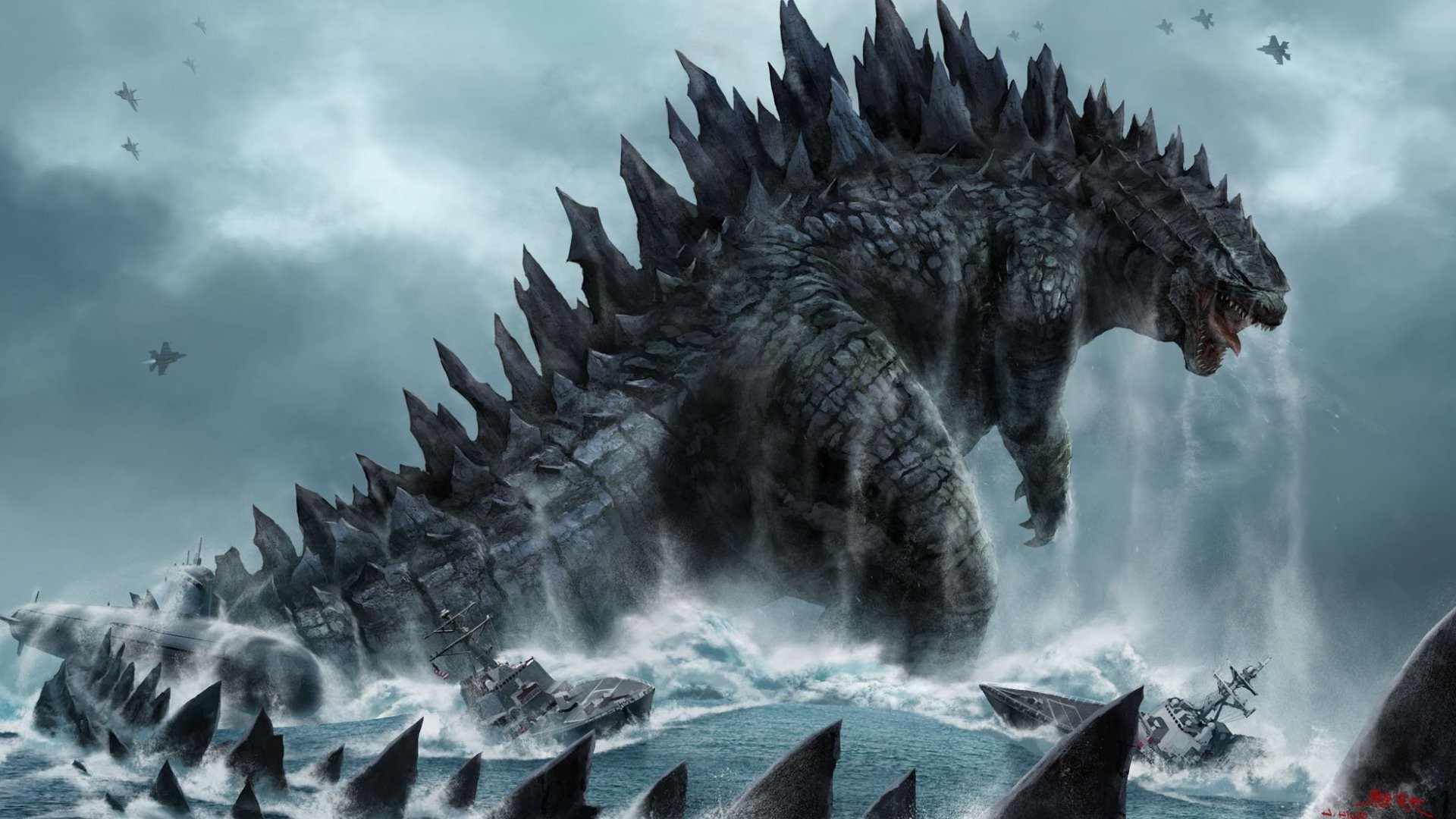 fantasy Art, Digital Art, Creature, Godzilla, Boat, Water, Sea, Waves, Aircraft, Battle, Dinosaurs, Ship, Clouds Wallpaper