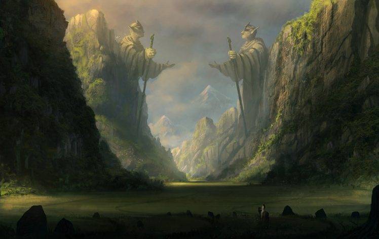 digital Art, Valley, Statue, Mountain, Fantasy Art HD Wallpaper Desktop Background