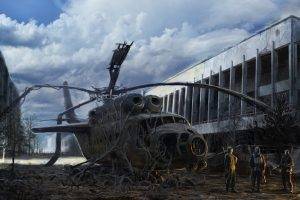 digital Art, Fantasy Art, Drawing, Men, Soldier, Helicopters, Ruin, Building, Clouds, Roots, Trees