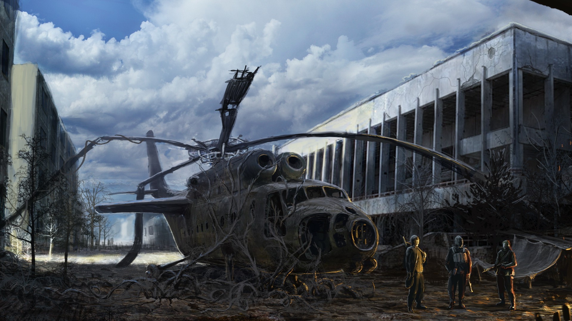 digital Art, Fantasy Art, Drawing, Men, Soldier, Helicopters, Ruin, Building, Clouds, Roots, Trees Wallpaper