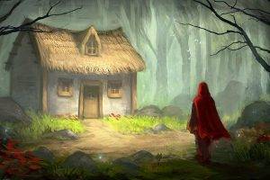 digital Art, Fantasy Art, Fairy Tale, Little Red Riding Hood, Trees, Forest, House, Painting, Grass, Stones, Flowers