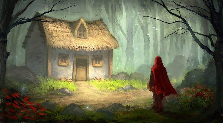 digital Art, Fantasy Art, Fairy Tale, Little Red Riding Hood, Trees, Forest, House, Painting, Grass, Stones, Flowers HD Wallpaper Desktop Background