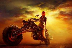 fantasy Art, Digital Art, Artwork, Orange, Women, Sunset, Clouds, Motorcycle