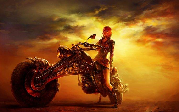 fantasy Art, Digital Art, Artwork, Orange, Women, Sunset, Clouds, Motorcycle HD Wallpaper Desktop Background