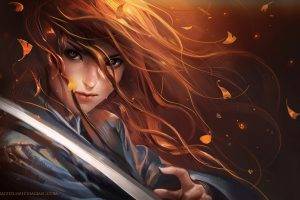 blades, Samurai, Long Hair, DeviantArt, Redhead, Anime, Fantasy Art
