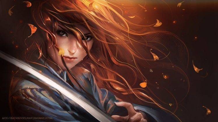 blades, Samurai, Long Hair, DeviantArt, Redhead, Anime, Fantasy Art HD Wallpaper Desktop Background