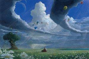 clouds, Balloons, Flowers, Plains, Fantasy Art, Wizard
