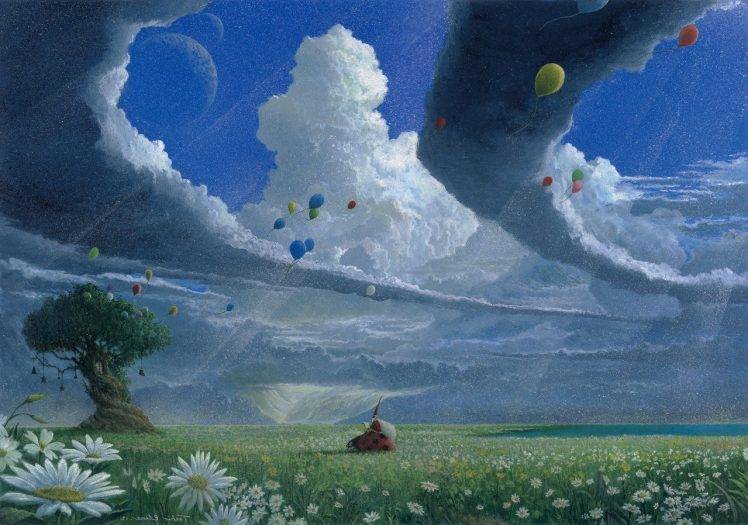 clouds, Balloons, Flowers, Plains, Fantasy Art, Wizard HD Wallpaper Desktop Background