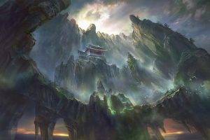 artwork, Fantasy Art, Pagoda, Asian Architecture, Mountain, Waterfall, Digital Art, Rock Formation