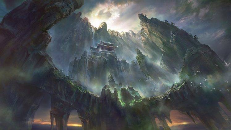 artwork, Fantasy Art, Pagoda, Asian Architecture, Mountain, Waterfall, Digital Art, Rock Formation HD Wallpaper Desktop Background
