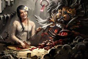 artwork, Fantasy Art, Indonesia, Bali, Flower In Hair, Knife, Braids