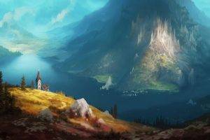 drawing, Painting, Nature, Mountain, Hill, Rock, Trees, Forest, Lake, Church, Signatures, Fantasy Art, Artwork