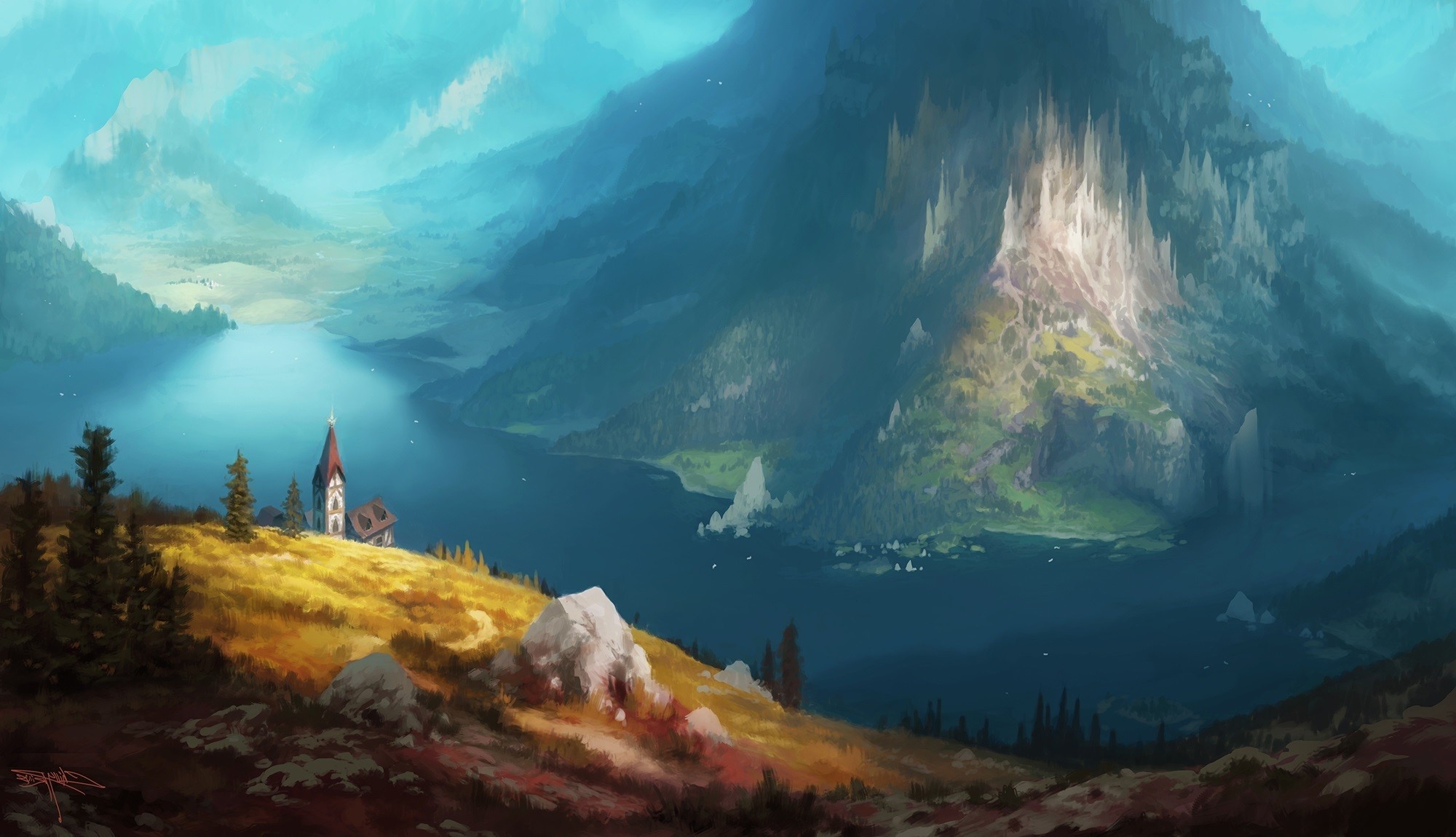 drawing, Painting, Nature, Mountain, Hill, Rock, Trees, Forest, Lake, Church, Signatures, Fantasy Art, Artwork Wallpaper