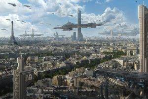 digital Art, Fantasy Art, Building, Futuristic, Cityscape, Clouds, Skyscraper, Paris, France, Eiffel Tower, Street, Arc De Triomphe, Spaceship