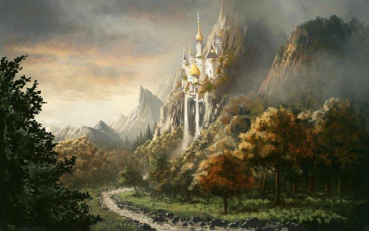 castle, Artwork, Path, Fantasy Art, Trees, Waterfall HD Wallpaper Desktop Background