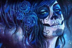 Sugar Skull, MagicnaAnavi, Rose, Artwork, Blue Flowers