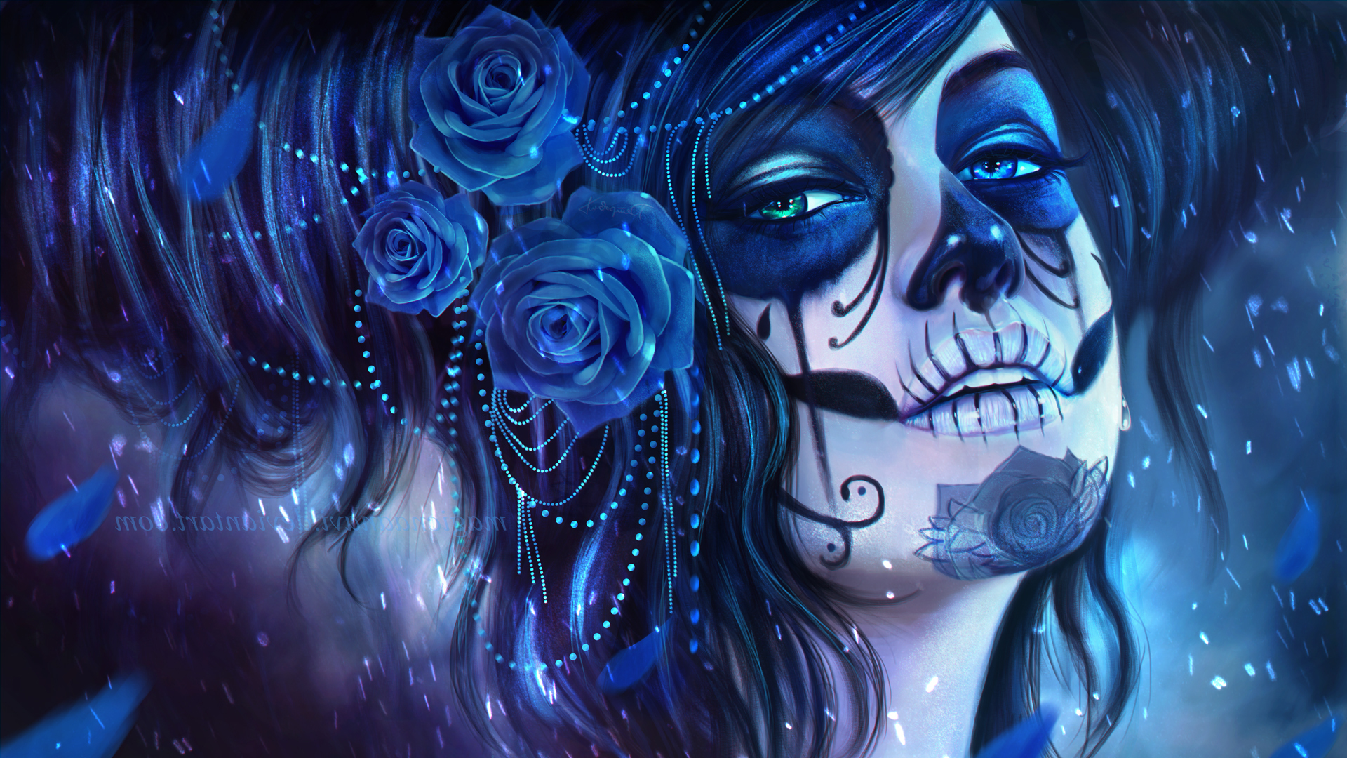Sugar Skull, MagicnaAnavi, Rose, Artwork, Blue Flowers Wallpaper