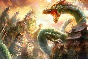 digital Art, Fantasy Art, Dragon, Nature, Chinese Architecture, House, Sunlight, Clouds, Rock
