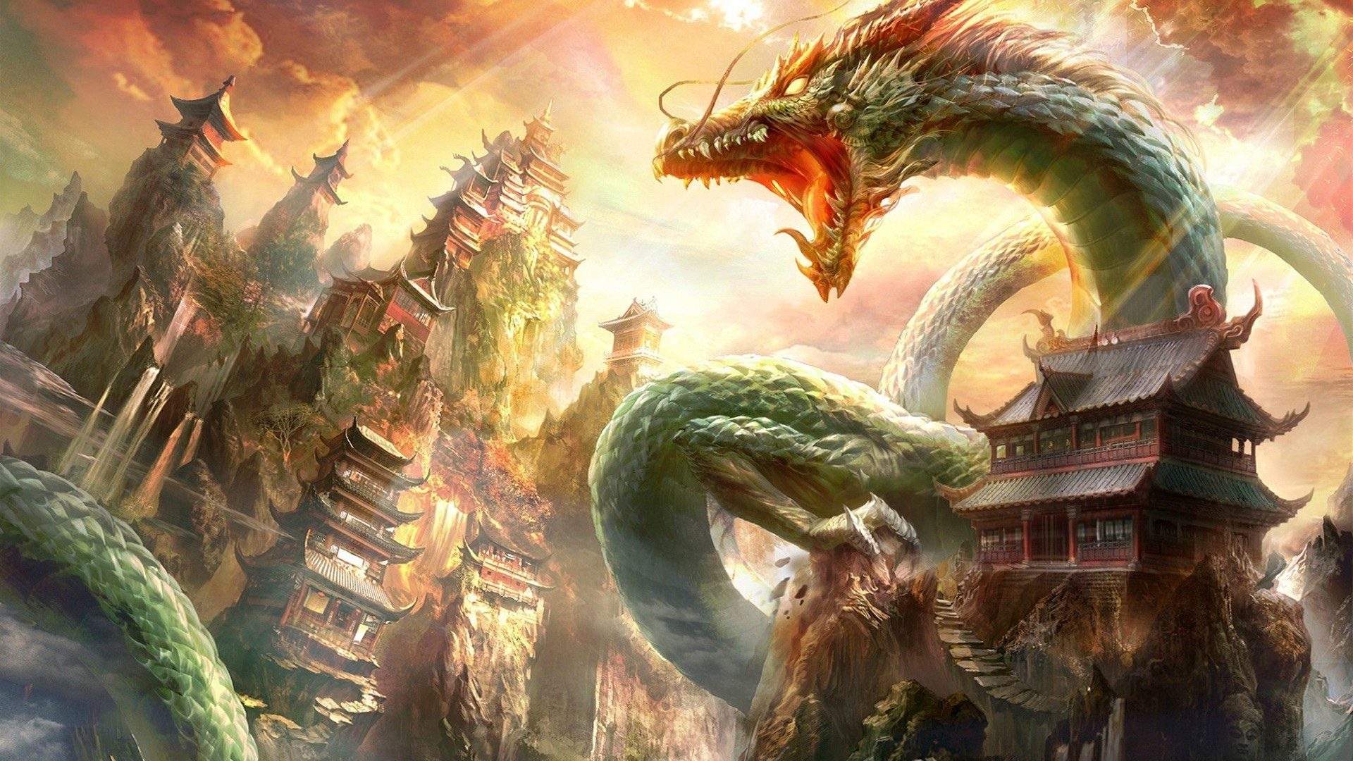 digital Art, Fantasy Art, Dragon, Nature, Chinese Architecture, House, Sunlight, Clouds, Rock Wallpaper