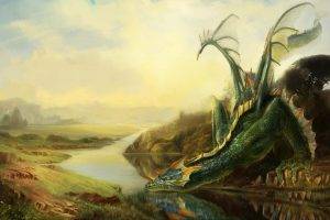 digital Art, Fantasy Art, Dragon, Nature, River, Rock, Trees, Grass, Wings, Clouds