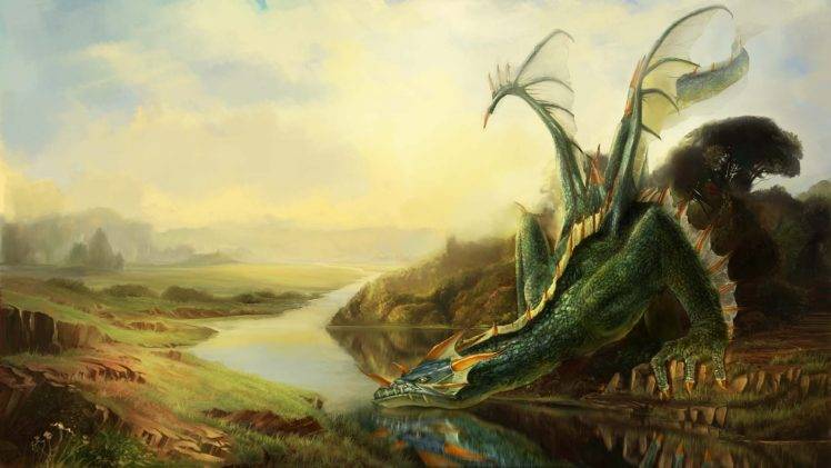digital Art, Fantasy Art, Dragon, Nature, River, Rock, Trees, Grass, Wings, Clouds HD Wallpaper Desktop Background
