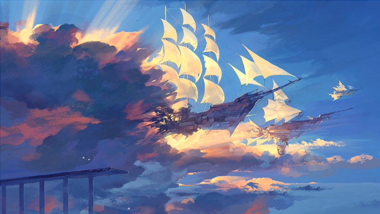 water, Fantasy Art, Clouds, Sky, Watercolor, Sun Rays HD Wallpaper Desktop Background
