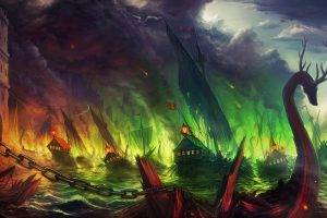 Game Of Thrones, War, Ship, Sinking Ships, Fire, Blackwater, Kings Landing, Artwork, Fantasy Art, Concept Art, Sea, Clouds, Smoke