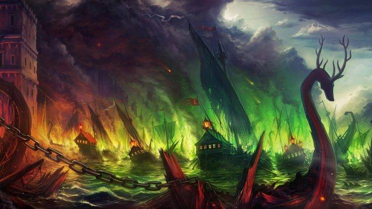 Game Of Thrones, War, Ship, Sinking Ships, Fire, Blackwater, Kings Landing, Artwork, Fantasy Art, Concept Art, Sea, Clouds, Smoke HD Wallpaper Desktop Background