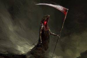 sickle, Digital Art, Drawing, Grim Reaper, Red Eyes, Scythe, Blood, Dark, Death, Painting, Fantasy Art