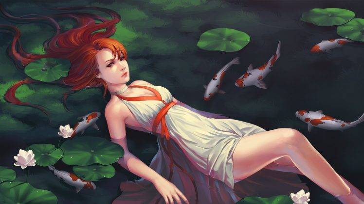 artwork, Water, Redhead, Fish, Fantasy Art HD Wallpaper Desktop Background