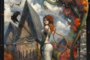 redhead, Snake, Artwork, Fantasy Art, Women, Crow