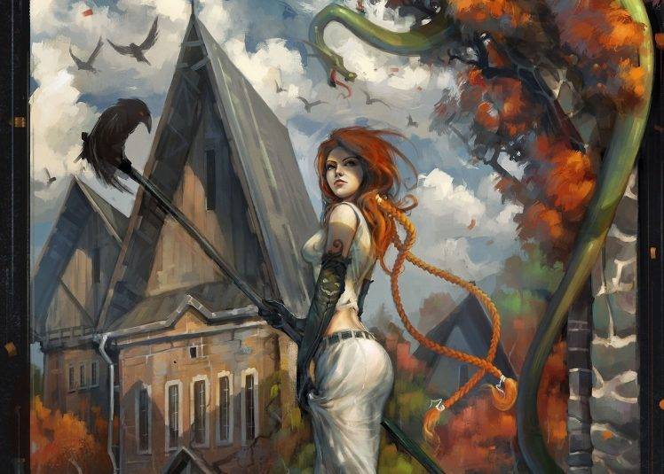 redhead, Snake, Artwork, Fantasy Art, Women, Crow HD Wallpaper Desktop Background