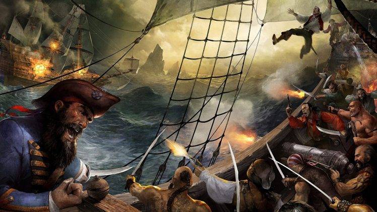 pirates, Ship, War, Artwork, Fantasy Art HD Wallpaper Desktop Background