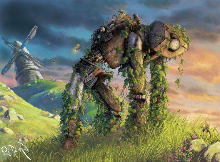 robot, Fantasy Art, Vines, Windmills, Hill, Fireflies HD Wallpaper Desktop Background